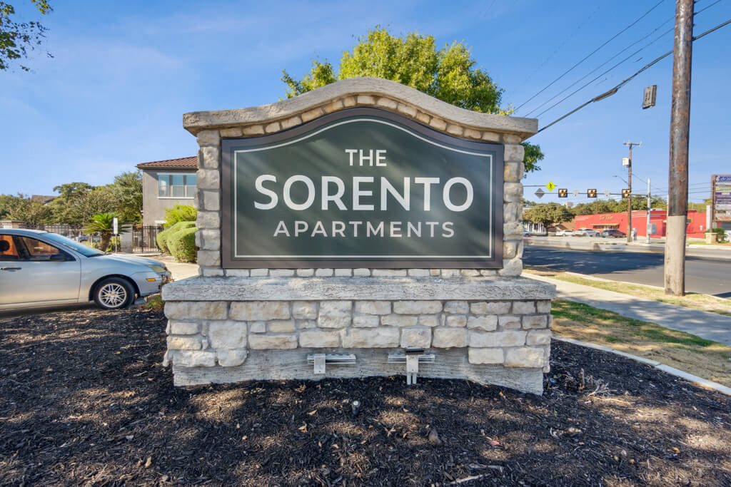 Community monument sign at The Sorento Apartments in San Antonio TX